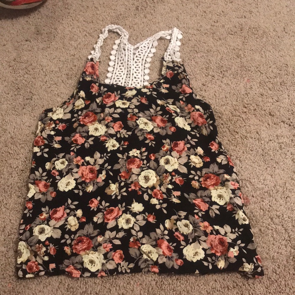 floral print/ lace straps tank top